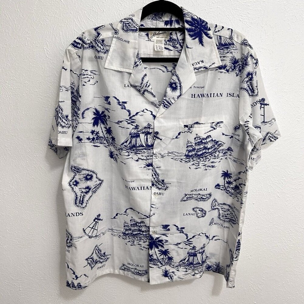 Helenas Hawaiian Islands Map Shirt Men XL White Sailing Beach Camp Button Up USA